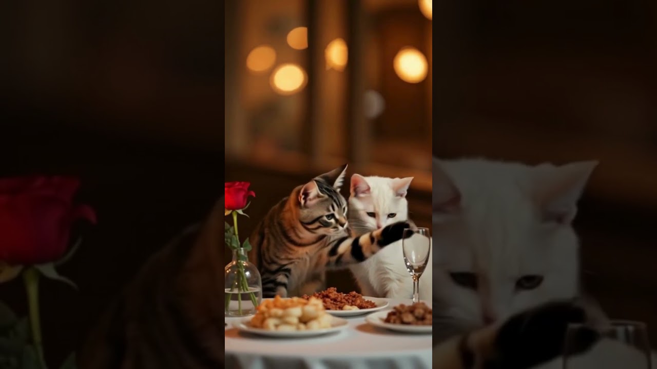 "When Cats Fall in Love at Dinner ❤️🐱”