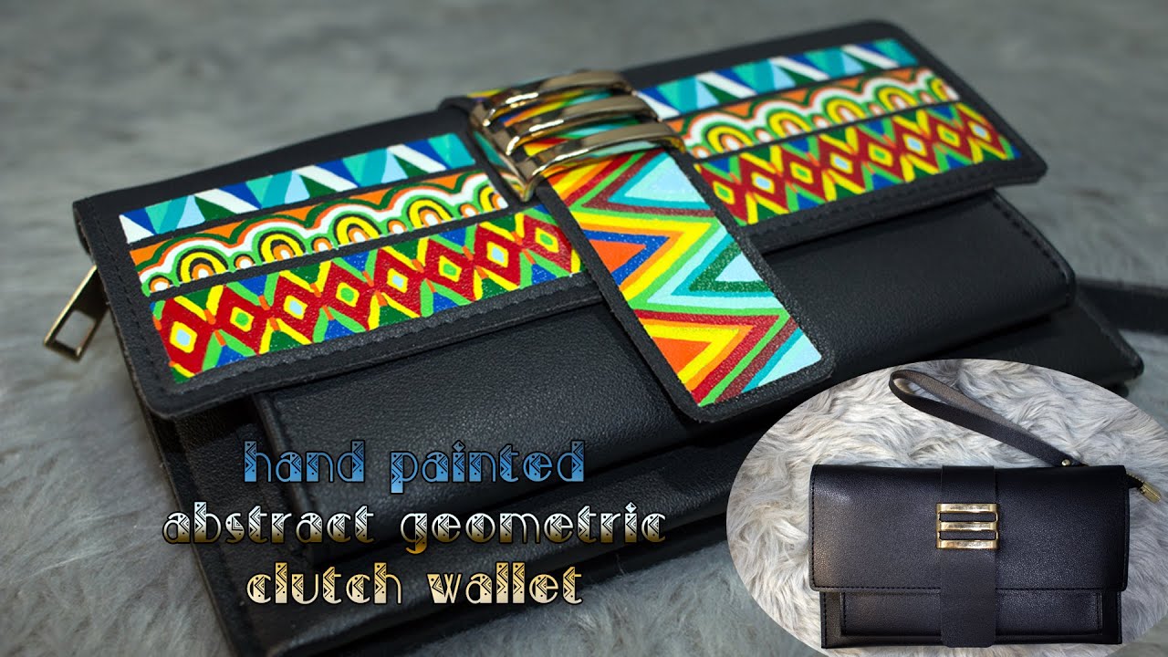 Hand painted Black PU leather clutch👝 wallet with Abstract Geometric ...