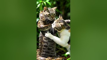 Cat wrapped around python, another cat tries to save the wrapped cat Abundance Meditation, Wealth.