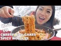 SNOW DAY + CHEESY RICE CAKE + SPICY NOODLES | *LETS EAT | SASVlogs *How to recipe