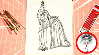 Fashion Illustration Of A Girl Wearing Transparent Saree With Sleeveless Blouse Pencil Sketching