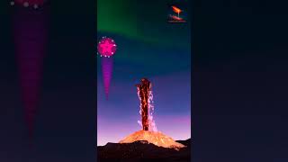 A Bronze Statue Vaporizes Into Electric Crystal Rain Beneath The Aurora Sky