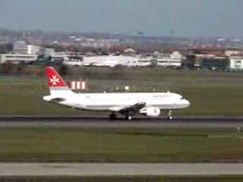 Air Malta A320 taking off from Toulouse runway for a test flight.