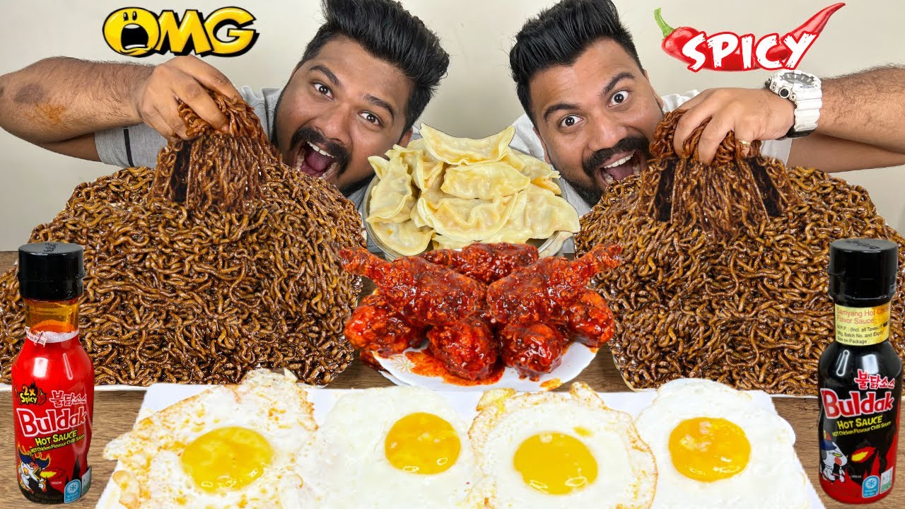 SPICIEST GHOST PEPPER NOODLES, NUCLEAR FIRE CHICKEN, MOMOS & FRIED EGGS MUKBANG (Ep-559)