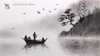 How To Draw Boat In Foggy River Easy Pencil Sketch Scenery Step By Step Foggy River Landscape