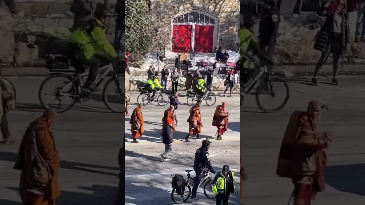 Почтенные монахи, монахини и их последователи направляются к Вашингтонскому монументу 