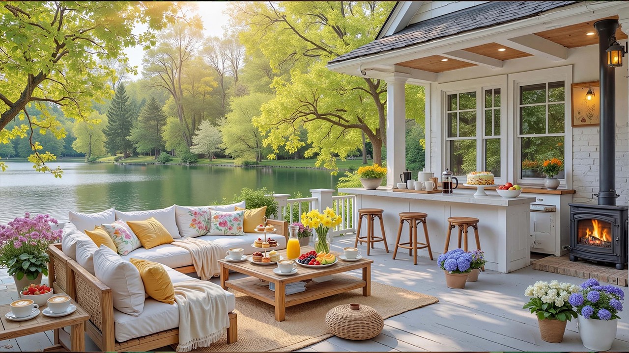 Soft Spring Piano Music for Stress Relief 🌸 Tranquil Lakeside Porch ...