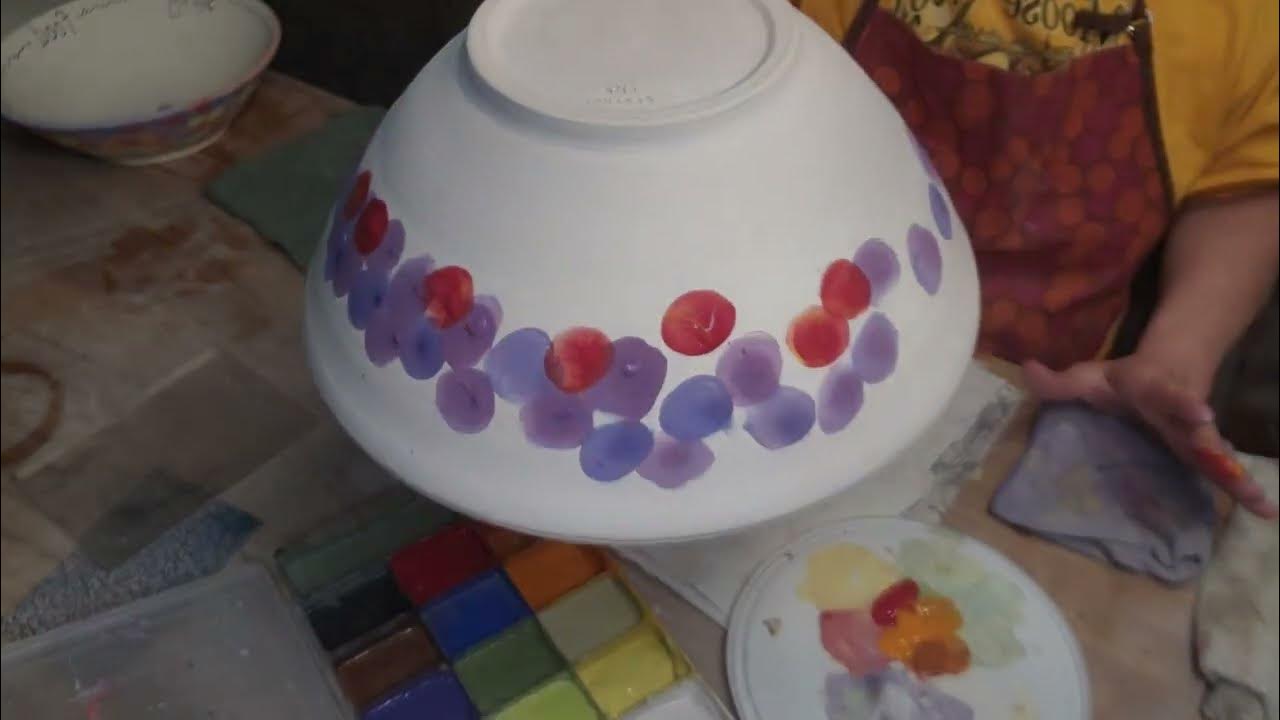 Finger Painting with Amaco Velvet Underglazes on a Bisqueware Bowl. 11.