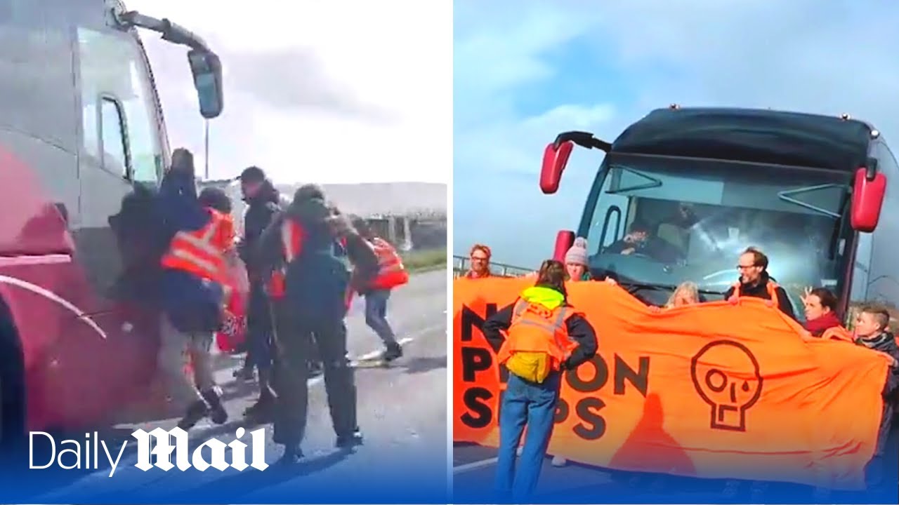 Just Stop Oil mob accuse driver of coach carrying migrants of ‘trying to kill ‘ them during protest