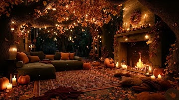 Peaceful Pumpkin Autumn Vibes 🎃 Rainy Porch, Jazz & Cozy Fire Sounds for Inner Peace