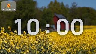10 Minute Classroom Timer with Music | Calm Spring Meadow &amp; Yellow Flower Field — NO LOUD ALARM