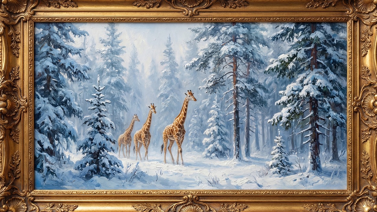 Jirafas en medio de un bosque invernal 4K ✨ 4 horas de arte ambiental para TV