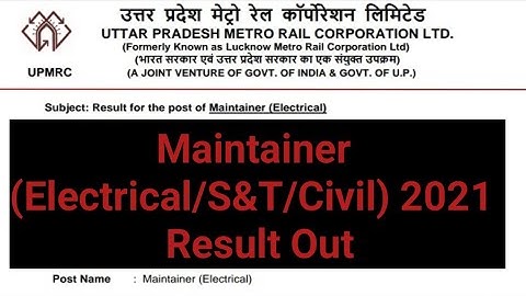 UPMRC 2021 Maintainer Result out||Upmrc maintainer result 2021|| Upmrc result 2021