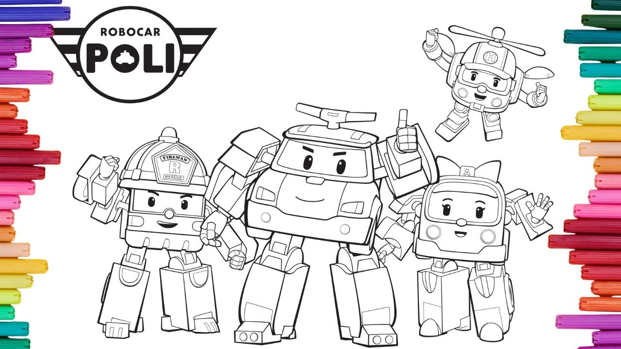 Coloring Robocar Poli Coloring Pages | Poli, Roy, Amber & Helly - YouTube