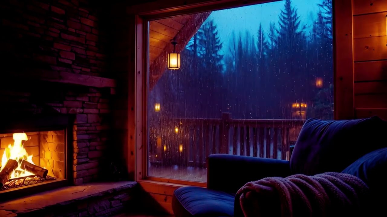 Cozy Cabin and Fireplace Ambience 🔥 Heavy Rain Sounds for Sleep in Dark Forest | 3 Hours No Music