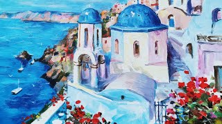 【土人教画】129 教油画-圣托里尼岛 Terrain art class OilPainting-Santorini island