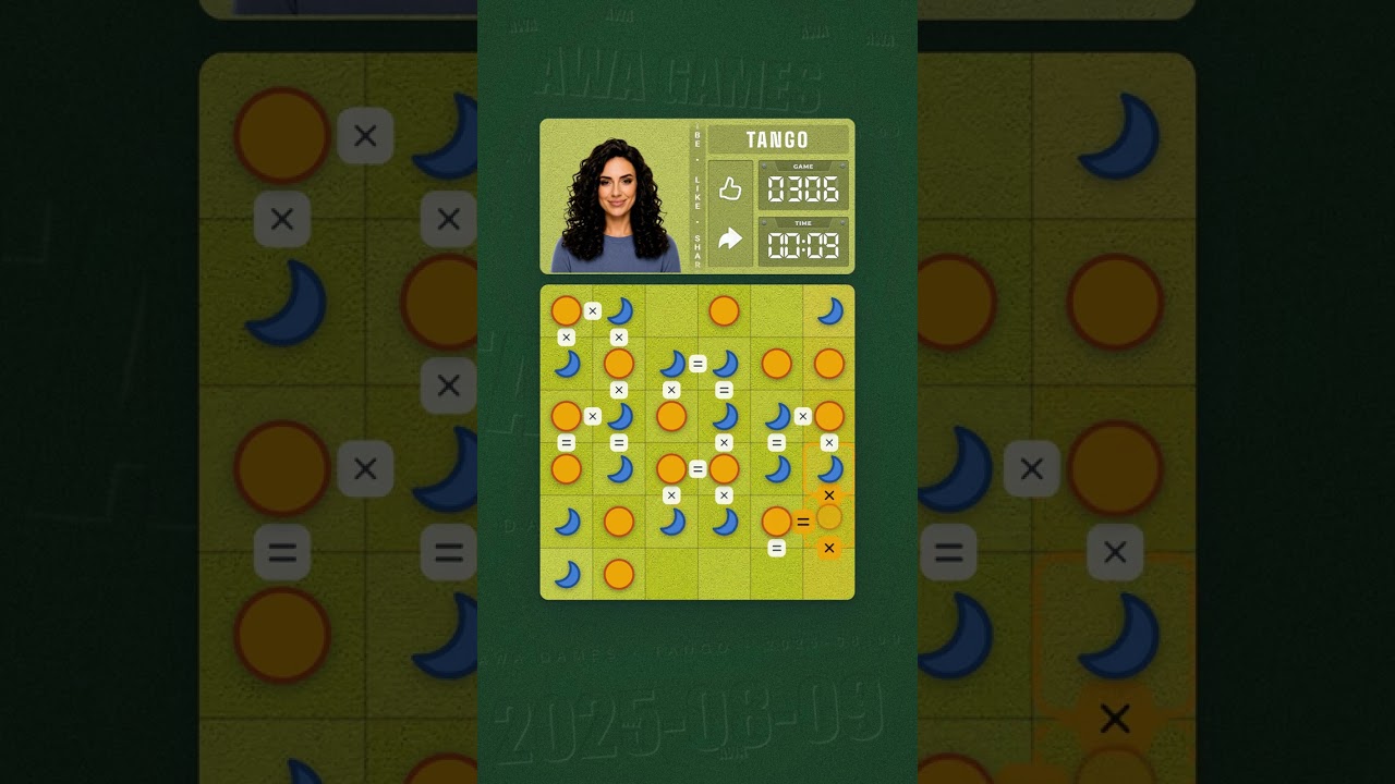 LinkedIn Tango #306 solved board for August 9, 2025, 6x6 grid