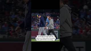 Jacob Misiorowski exited the game with a hamstring cramp, the Brewers announced.