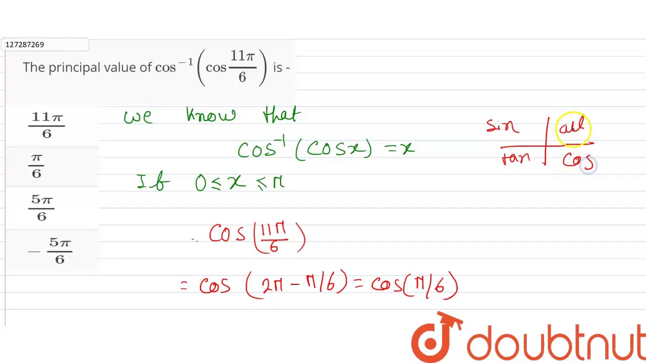 The principal value of `cos^(1)("cos"(11pi)/(6))` is