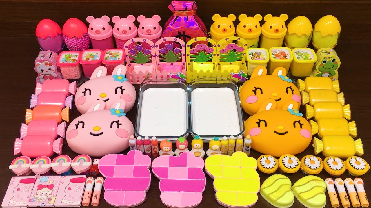 PINK vs YELLOW! Mixing Random into GLOSSY Slime ! Satisfying Slime Video 