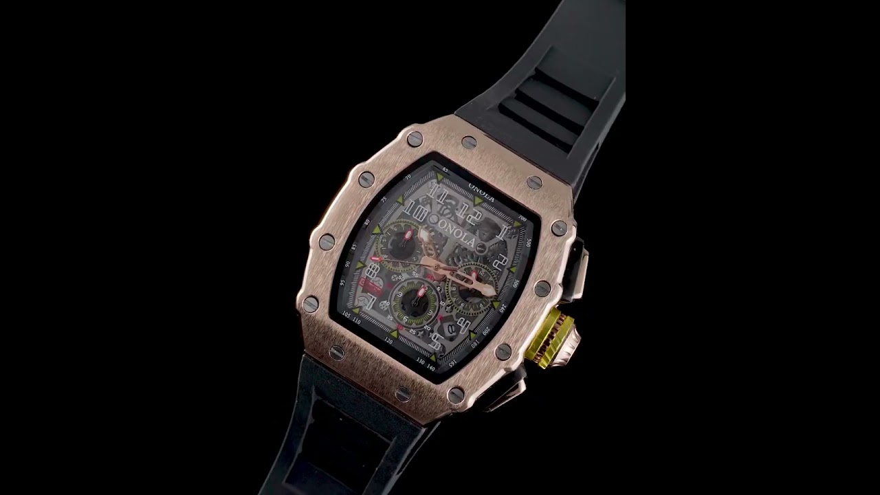 Tonneau Skeleton Mechanical Men's Watch Luxury Rose Gold Stainless