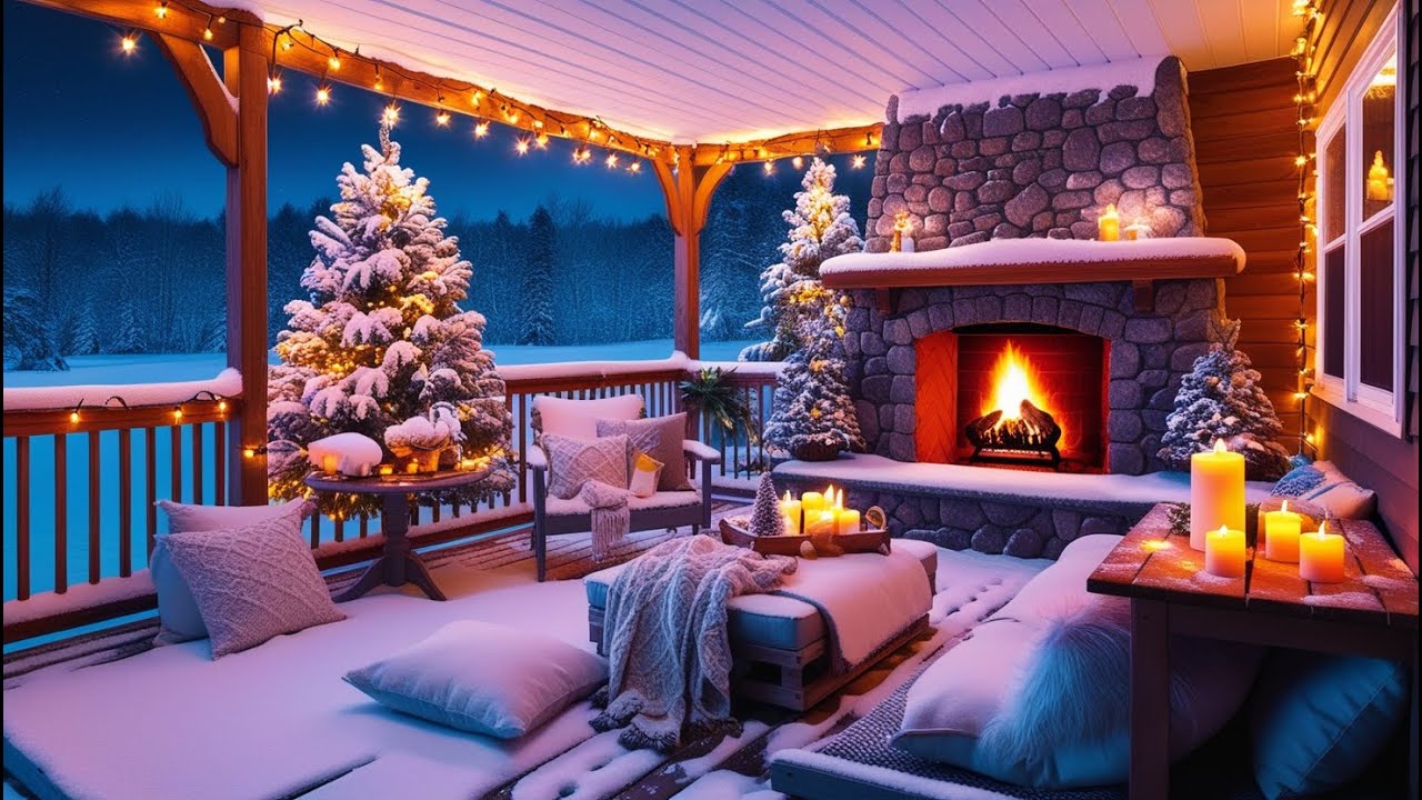 Beautiful winter terrace atmosphere (24 HOURS) 🔥 Fire sounds for ...