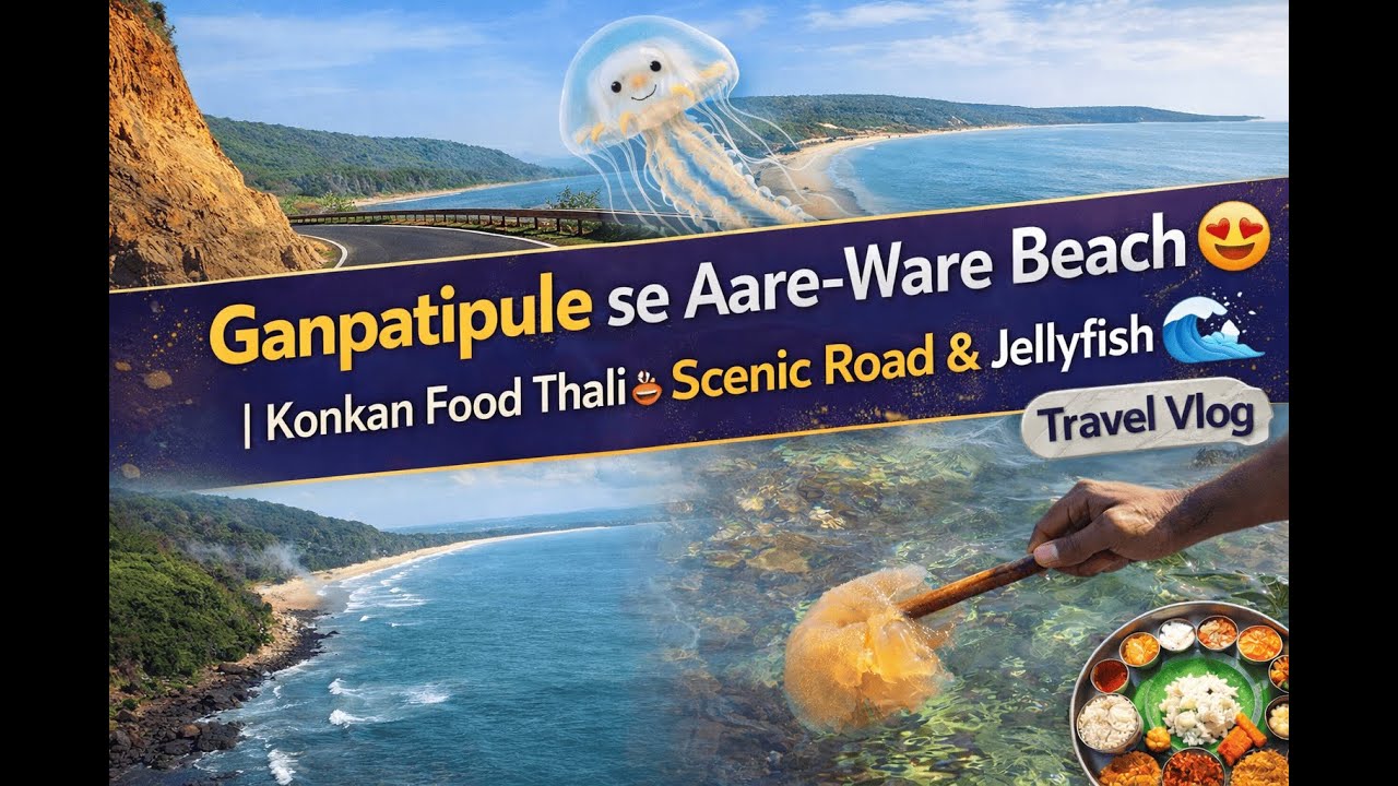 “Ganpatipule se Aare-Ware Beach 😍 | Konkan Food Thali 🍛, Scenic Road & Jellyfish 🌊 | Travel Vlog”
