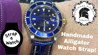 Custom Handmade Genuine Blue Alligator Watch Strap for a two-tone Rolex Submariner Blue Dial Watch!