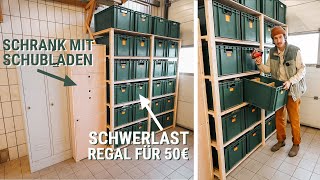 Günstiges Schwerlastregal aus Dachlatten & Schrank mit Schubladen für die Werkstatt bauen