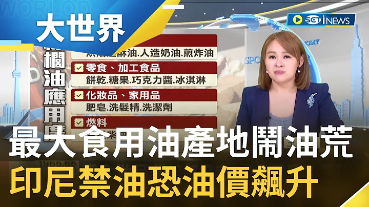 全球最大食用油出口國鬧"缺油危機"? 印尼宣布暫停棕櫚油出口聲稱優先滿足"國內需求" 專家說明:棕櫚油用途廣泛.印尼禁油恐衝擊全球植物油市場｜主播王志郁｜【大世界新聞】20220429｜三立iNEWS - 天天要聞