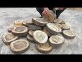 The carpenters ingenious woodworking skills  assemble round pieces of wood into a unique table