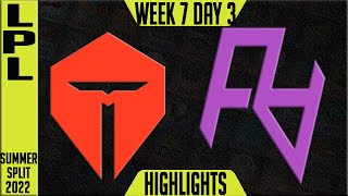 TES vs RA Highlights | LPL Summer 2022 W7D3 | TOP Esports vs Rare Atom