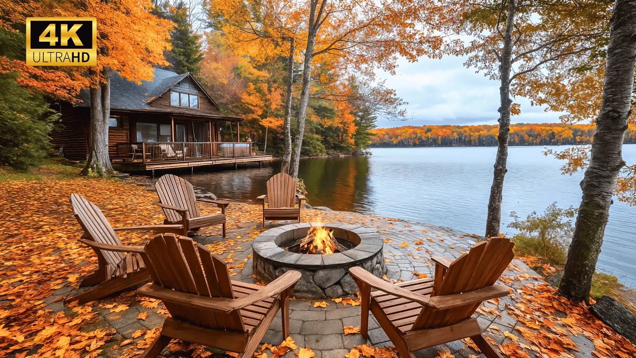 Cozy Lakeside Cabin in Autumn: Fire Pit and Relaxing Nature Sounds for ...