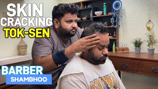 ASMR Tok-Sen Head Massage With Skin Cracking | Kansa Tool #shambhoobarber #indianbarber