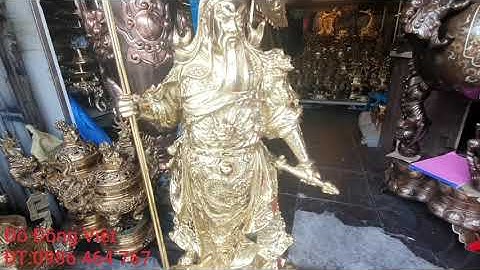 Tượng Quan Công Đứng Cao 70cm Bằng Đồng Vàng Sáng Bóng.