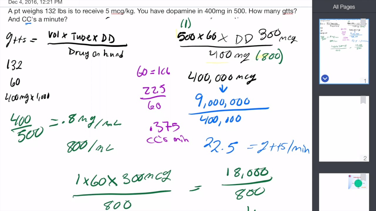 Calculate Drops Per Minute Given a Dose (Dopamine, Lido, Epi) - YouTube