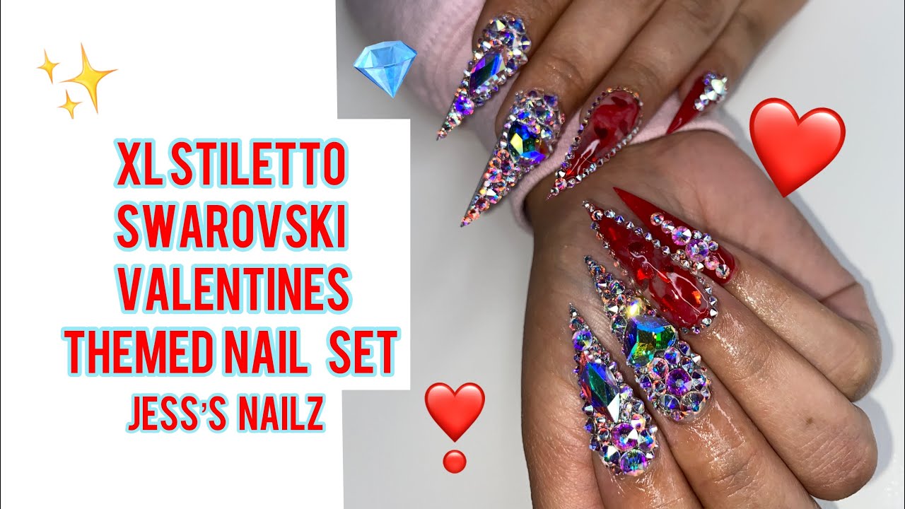 XL STILETTO SWAROVSKI VALENTINES THEMED NAIL SET - YouTube