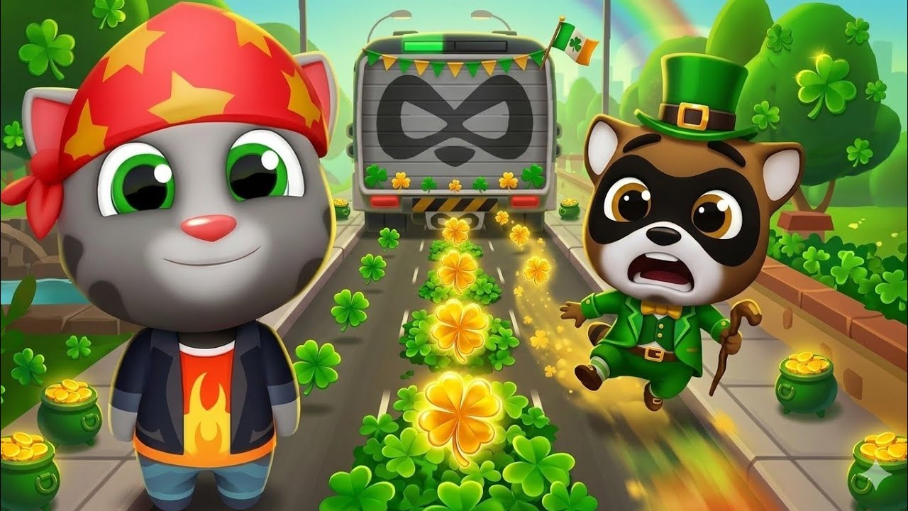St. Patrick's Day race event in Talking Tom Gold Run Biker Tom vs Roy Raccoon Gameplay Android ios 