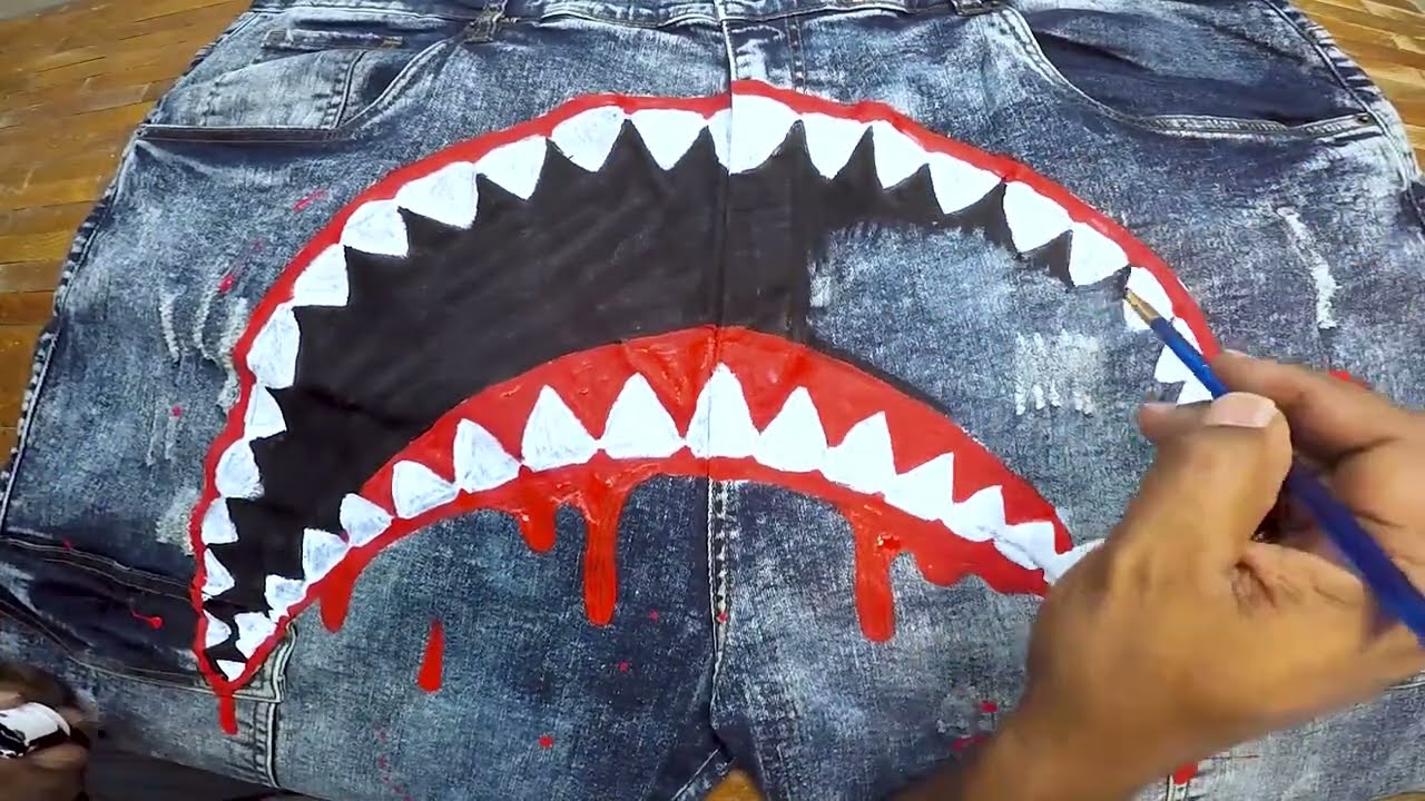 bape shark mouth Jean pant hand painted
