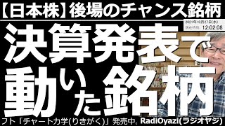 【日本株－後場のチャンス銘柄】7751キヤノン、6594日本電産、6301コマツ、6988日東電工など、決算がらみで動いた銘柄をピックアップして、売買チャンスを提案する。ど天井、ど底銘柄、なども見る。