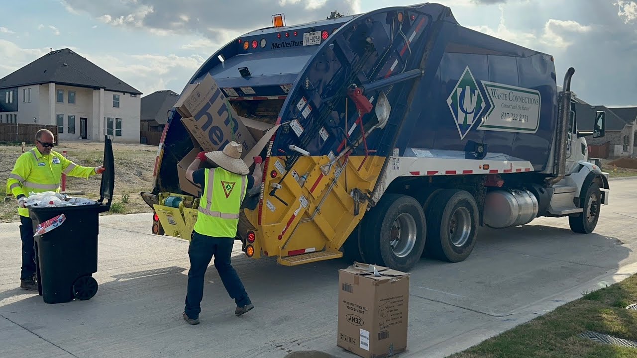 Waste Connections Peterbilt 367 McNeilus Rear Loader Garbage Truck Packing Heavy Manual Trash + Boxs