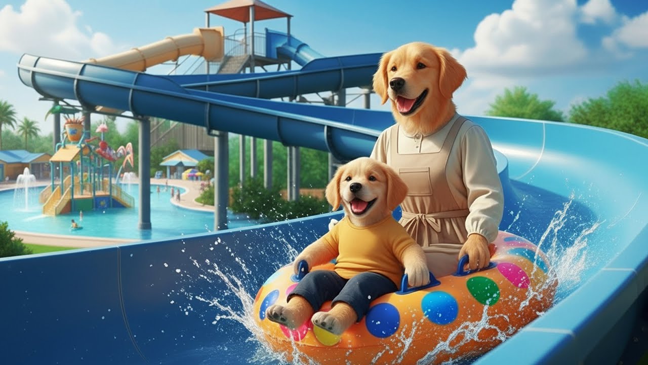 Happy Moments at the Water Park! 🐾❤️ Puppy & Mama Enjoy a Colorful Slide Ride 🌈💦🎉
