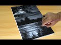 Black  white  easy landscape painting for beginners  acrylic painting technique drawing