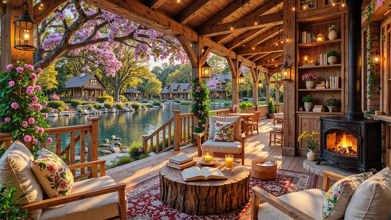 Refreshing Spring Morning Ambience at Warm Porch | Fireside Sounds & Soft Piano Jazz to Relax