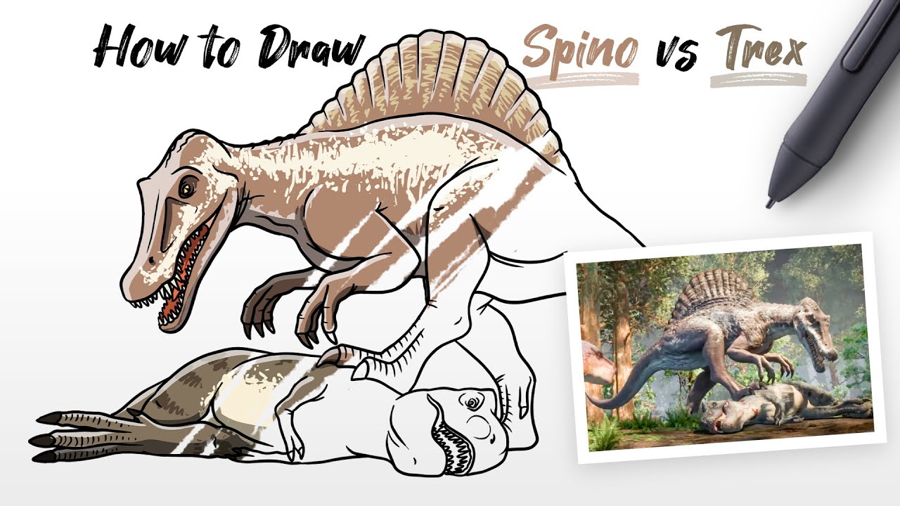 Spinosaurus VS T Rex - Jurassic Park 3 (COMO DESENHAR) - How To Draw  Spinosaurus VS T.Rex 