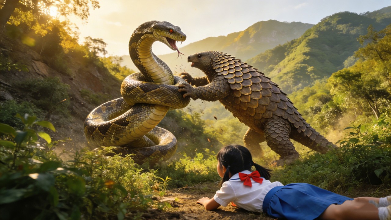 A Giant Python Attacks a Little Girl, at the Critical Moment a Pangolin Charges Out to Save Her!