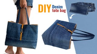 how to make denim zipper tote bag with compartment from old jeans ,diy zipper tote bag ,tote bag diy