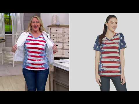 Denim & Co. American Flag Print Short Sleeve V-Neck Top on QVC