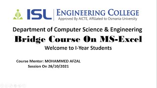 Bridge Course On Ms-Excel Session 1