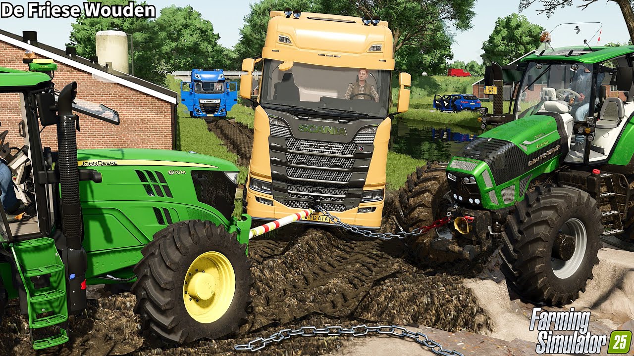Double Tractor Rescue! John Deere & Deutz-Fahr Pull a Stuck Scania V8│De Friese Wouden│FS 25│3